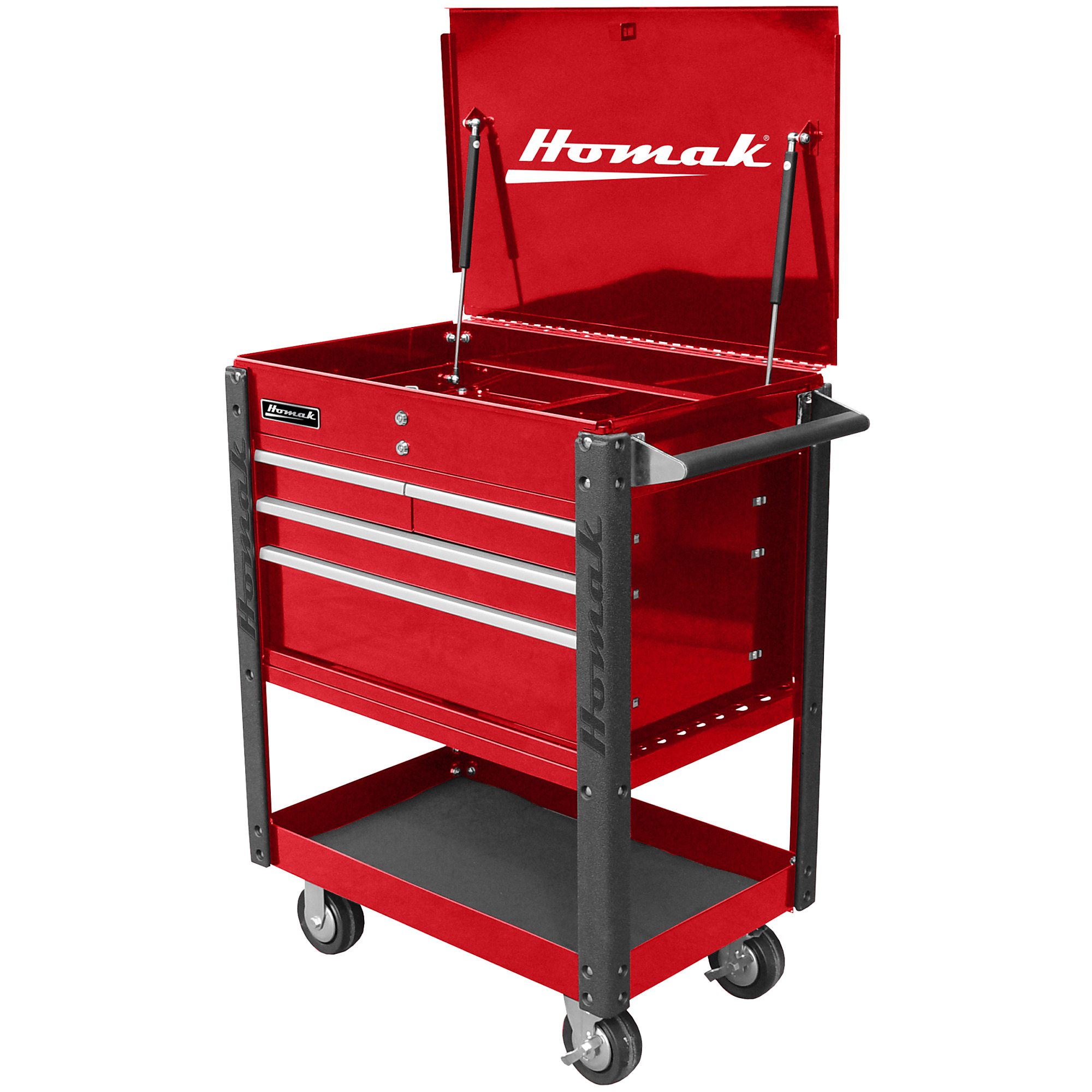 Homak, Pro, 35" Professional 4 Drawer Service Cart, Red, Heavy-duty 18-gauge steel, Model #RD06032000